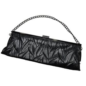 Jessica‎ McClintock 90s Faux Leather Feathered Clutch Handbag Black